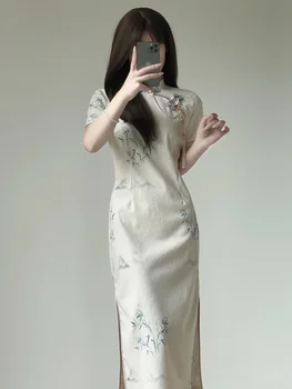 Женское Традиционное платье Qipao с коротким рукавом, Винтажный Элегантный Халат с вышивкой Чонгса, Chinoise Femme на лето HKZX
