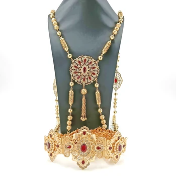 Марокканский Свадебный Ювелирный набор Свадебный Пояс Позолоченный Кулон Ожерелье из металлических бусин Женская Цепочка на грудь и плечи