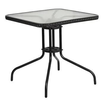 Металлический стол из квадратного закаленного стекла 28 дюймов с черной окантовкой из ротанга