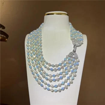 Натуральный жемчуг в форме барокко из 6 нитей и голубое ожерелье Larimar