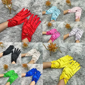 Разноцветные эластичные атласные перчатки для детей, праздничное платье на день рождения, свадебные перчатки для девочек, Детские перчатки с жемчужным бантом на палец