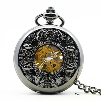 Роскошные карманные часы с тиснением в виде рыбы, черные Ручные часы в стиле ретро Стимпанк, Цепочка, Ожерелье, Кулон, Аксессуар, Часы, подарок