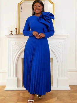 Темно-синее винтажное вечернее платье с аппликацией для женщин, длинный рукав, скромное плиссированное платье трапециевидной формы с рюшами, Макси, праздничное платье