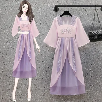 Фиолетовый женский Чонсам с вышивкой 2023, летнее новое платье в китайском стиле Hanfu с тонкой талией