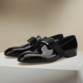 Черные лоферы из лакированной кожи с металлической пряжкой и бантом, модная мужская обувь без застежки, роскошные банкетные Свадебные офисные мужские модельные туфли