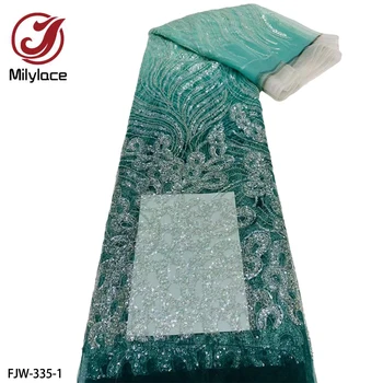 Элегантная кружевная ткань с тяжелыми блестками из бисера, нигерийская вышивка, сетчатая кружевная ткань для свадебных платьев FJW-335